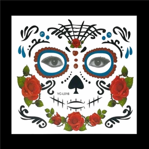 Detail of Day of the Dead face tattoo with red roses and spider web pattern YC-L016