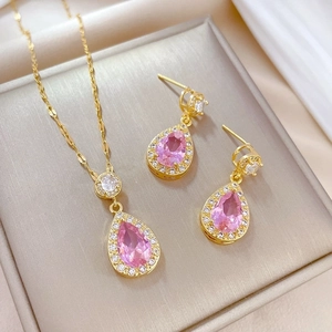 Pink Water Drop Zircon Necklace And Earrings With Silver Earring Post Elegant Gold Plated Jewelry For Women