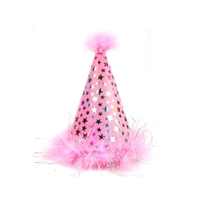 Pink conical dog birthday hat with holographic star pattern and pink feather trim detail