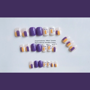 Artistic purple and yellow graffiti press-on nails with minimalist abstract color block design
