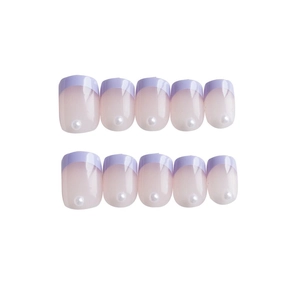 Purple French gradient press-on nails with artificial pearl accents, 10-piece set for women