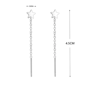 Detail showing S925 silver star tassel earrings with dimensions of 5mm and 4.5cm