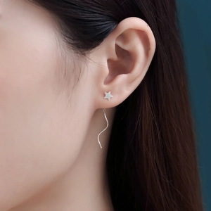Elegant S925 sterling silver wave tassel earrings with star stud and drop chain