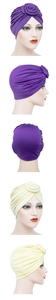 Detailed views of women's turban hats with pleated layers and spiral knot decorations