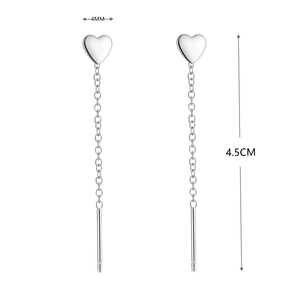 Detail of 4.5cm S925 sterling silver drop earrings with 4mm heart-shaped stud
