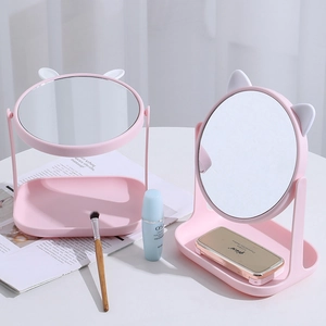 Pink cat-ear desktop makeup mirror with a storage base and rotatable high-definition glass