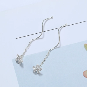 Detailed view of S925 silver wave tassel earrings with delicate flower pendant elements