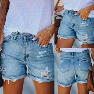 Women High Waisted Denim Shorts Light Blue Ripped Distressed Straight Leg Rolled Hem Summer Casual Commuter Fashion