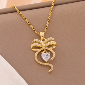 Heart Bowknot Pendant Necklace 18K Gold Plated Stainless Steel Cubic Zirconia Dainty Jewelry For Women Gift