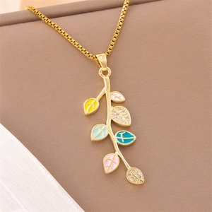 Elegant Leaf Branch Pendant Necklace Gold Plated Stainless Steel Colorful Enamel Zircon Inlaid Fashion Jewelry For Women