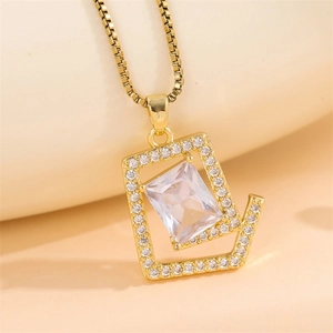 18K gold plated titanium necklace featuring a square pendant with micro-set zircon crystals