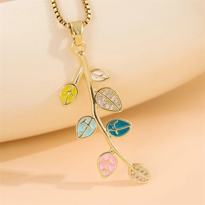 Elegant gold plated stainless steel leaf necklace with colorful enamel and crystals