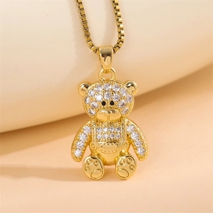 Minimalist gold teddy bear pendant necklace with sparkling white zircons for women