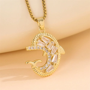 Golden dolphin pendant necklace with zircon crystals on a box chain for women