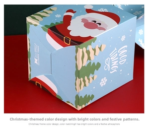 Close-up of sky blue Christmas paper box featuring Santa Claus and Good Tidings text