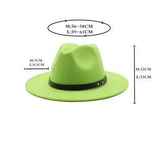 Size chart for wool jazz fedora in lime green with black leather belt and gold studs