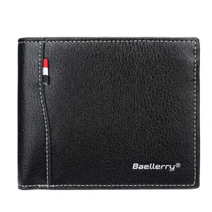 Slim men's bifold wallet in black litchi pattern leather with red white blue stripe