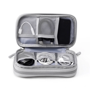 Gray electronics organizer bag with mesh pockets and elastic straps for cables and power bank