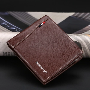 Men Short Bifold Wallet PU Leather Lychee Texture Slim Business Casual Style With Multiple Card Slots And ID Window