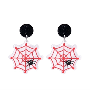 Detailed view of Halloween acrylic earrings featuring red spider web and black spider motifs
