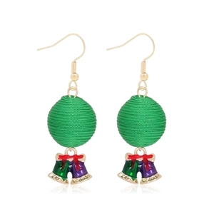 Christmas drop earrings featuring festive green yarn balls and colorful bell pendants