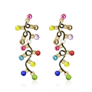 Colorful rhinestone Christmas light bulb drop earrings in gold alloy frame with reflection