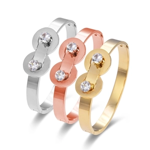 Elegant Stainless Steel Double Round Disc Rhinestone Bangle For Women Fashion Geometry Open Cuff Bracelet Jewelry Accessory