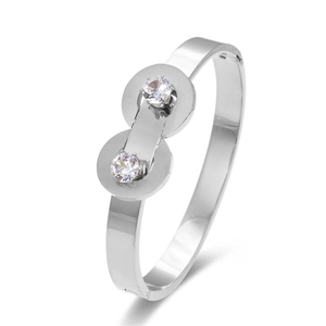 Silver stainless steel bangle with double cubic zirconia stones in interlocking design