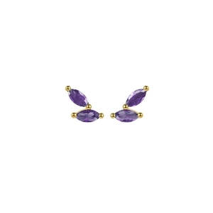 Detail view of gold stud earrings featuring two marquise purple cubic zirconia gems