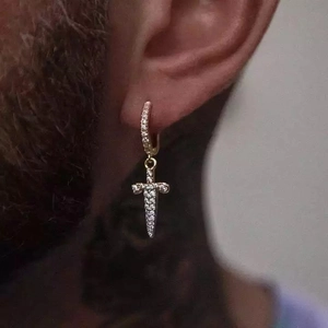 Cross sword drop earrings for men in gold finish with sparkling cubic zirconia inlay