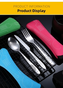 Detail of stainless steel cutlery set with embossed handles and colorful neoprene pouches