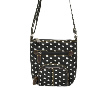 Detail of blue denim crossbody bag with star pattern, zippers and brown leather tabs