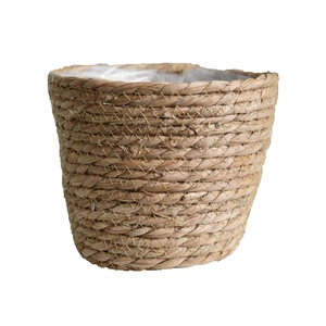 Handwoven cylindrical straw plant basket with waterproof liner for creative home decor