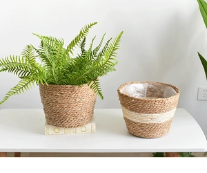 Close-up of woven straw flower pots with plastic lining and white striped details