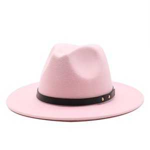 Pink wool felt fedora hat with a black leather belt and gold rivet accents