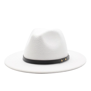 Classic white wool felt fedora hat with black leather belt and gold stud accents