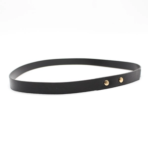 Close-up of black leather hat band with two golden decorative metal studs on a white background