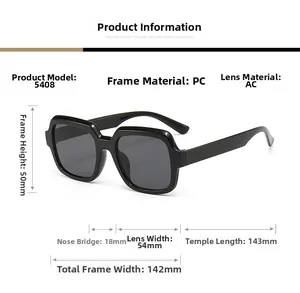 Detailed size chart for square sunglasses with PC frame and AC lens model 5408