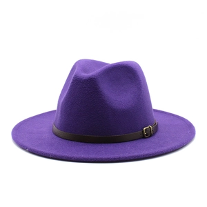 Classic Wide Flat Brim Fedora Hat Wool Felt Vintage Jazz Cap With Faux Leather Belt Buckle For Men Women