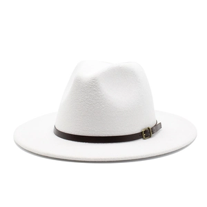 Classic white wool felt fedora with brown leather band and metal buckle for men and women