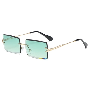 Fashion rimless square sunglasses with green gradient lenses and gold metal temples