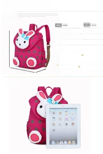Size comparison of rose red polka dot rabbit canvas backpack for kindergarten kids with iPad