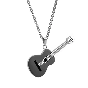 Hip hop guitar pendant necklace for men in black and silver tone stainless steel