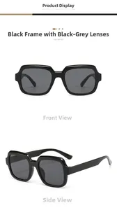 Close-up of square retro sunglasses with black frames and dark grey polarized lenses
