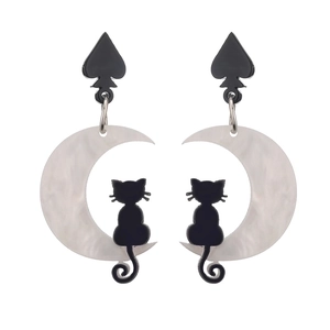 Halloween black cat and moon acrylic earrings with heart studs and white pearlescent charms