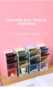 Macro detail of 4-grid slanted desk organizer set in pastel colors for stationary storage
