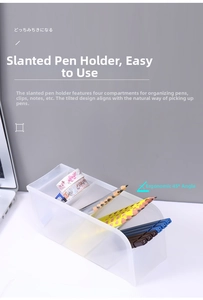 Detail view of the 45-degree angled slots on the transparent plastic desk pen organizer