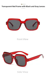 Detail view of transparent red square sunglasses featuring high-quality dark grey lenses