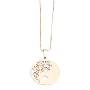 Gold stainless steel necklace with Flower of Life and Yin Yang Bagua pendant on white background