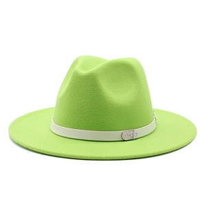 Fluorescent green wool fedora with white band and metal logo on a clean white background